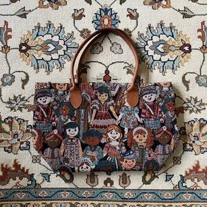 Colorful Tapestry Shoulder Tote Bag with Brown Leather Handles Whimsical Unique